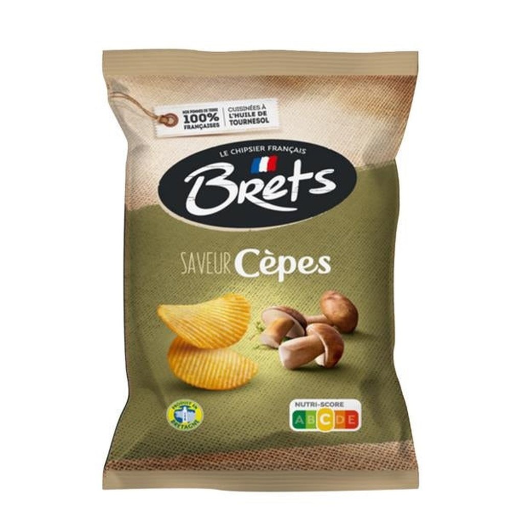 Un paquet vert et brun sur fond blanc avec 2 chips et 3 champignons