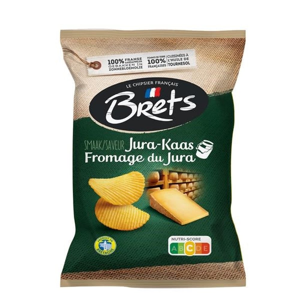 Un paquet vert et brun sur fond blanc avec 2 chips et un morceau de fromage