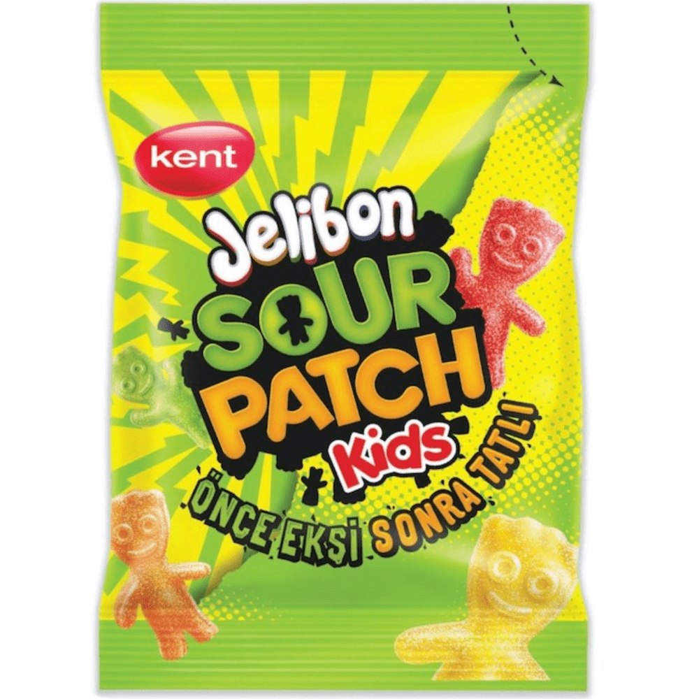 Un emballage vert et jaune sur fond blanc avec des bonbons en forme de petits bonhommes rouge, vert, orange et jaune